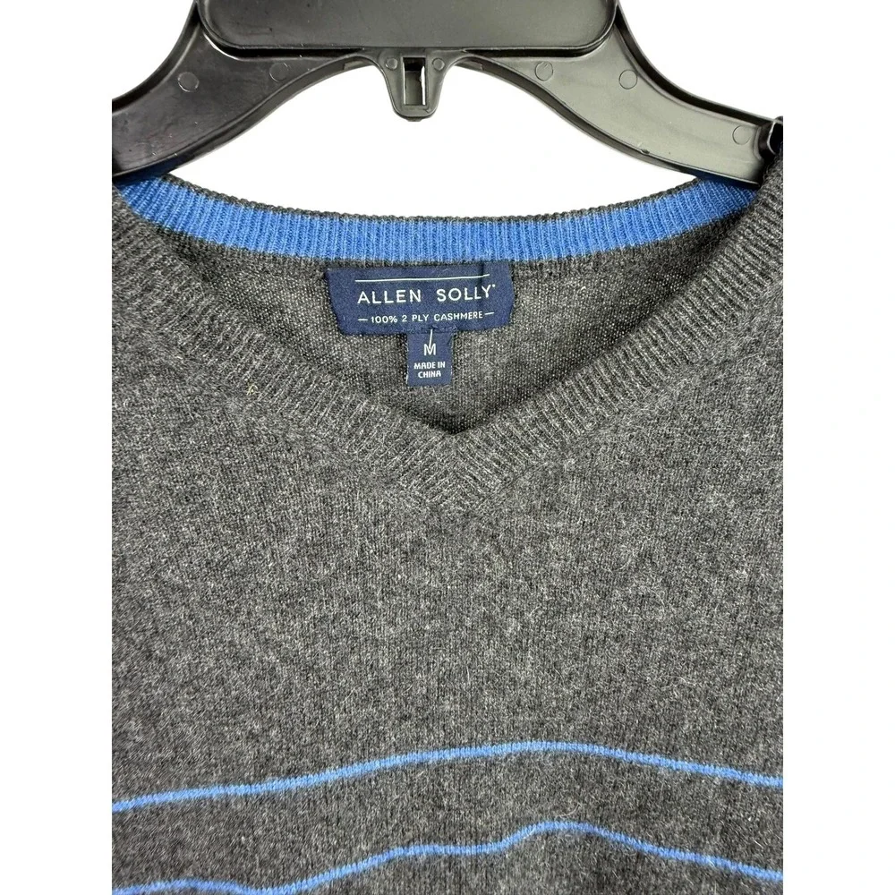 Allen Solly Sweater Mens Medium Gray Striped 100% 2-Ply Cashmere V Neck Pullover